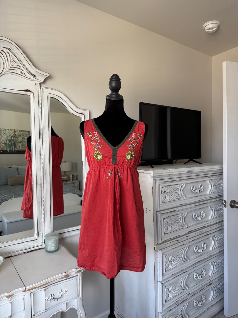 Vintage Old Navy Red Embroidered Mini Dress/Babydoll Top